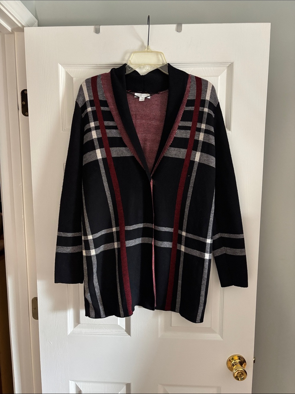 Charter Club Black Plaid Cardigan with Burgundy Stripes